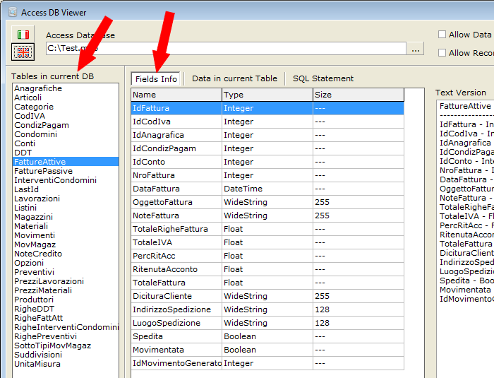 On the left, you'll see table names of the selected database. On the right, you'll see fields names and types of the selected table.