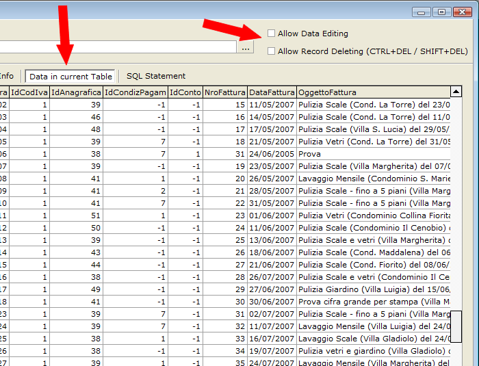 Data in the selected table may be visually edited/deleted by activating the related options.